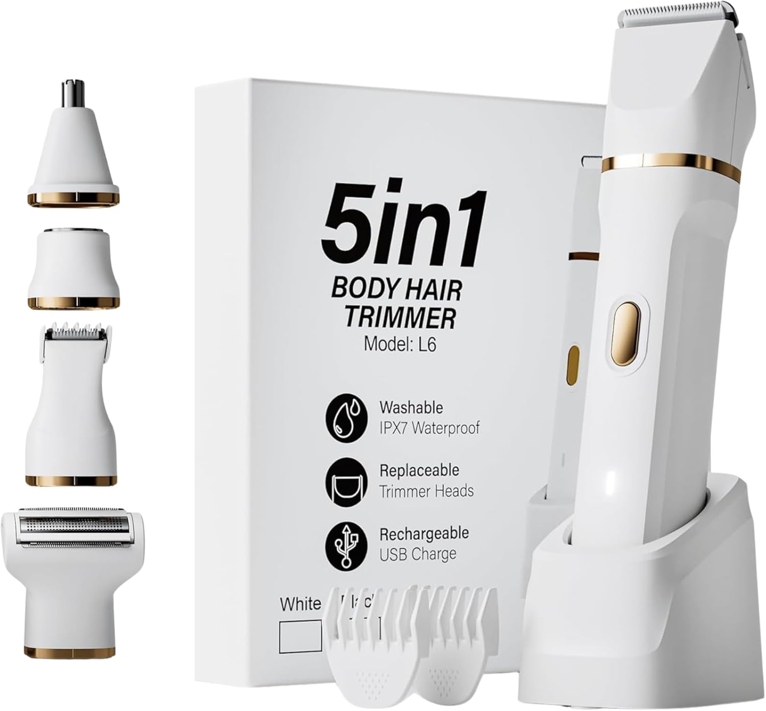 5-in-1 Bikini Trimmer Electric Razors with USB Cord, Excellent Facial Hair Elimination, Wet/Dry Body Shaver for Nose, Eyebrows, Beard, Leg, and Arm, IPX7 Waterproof (White)