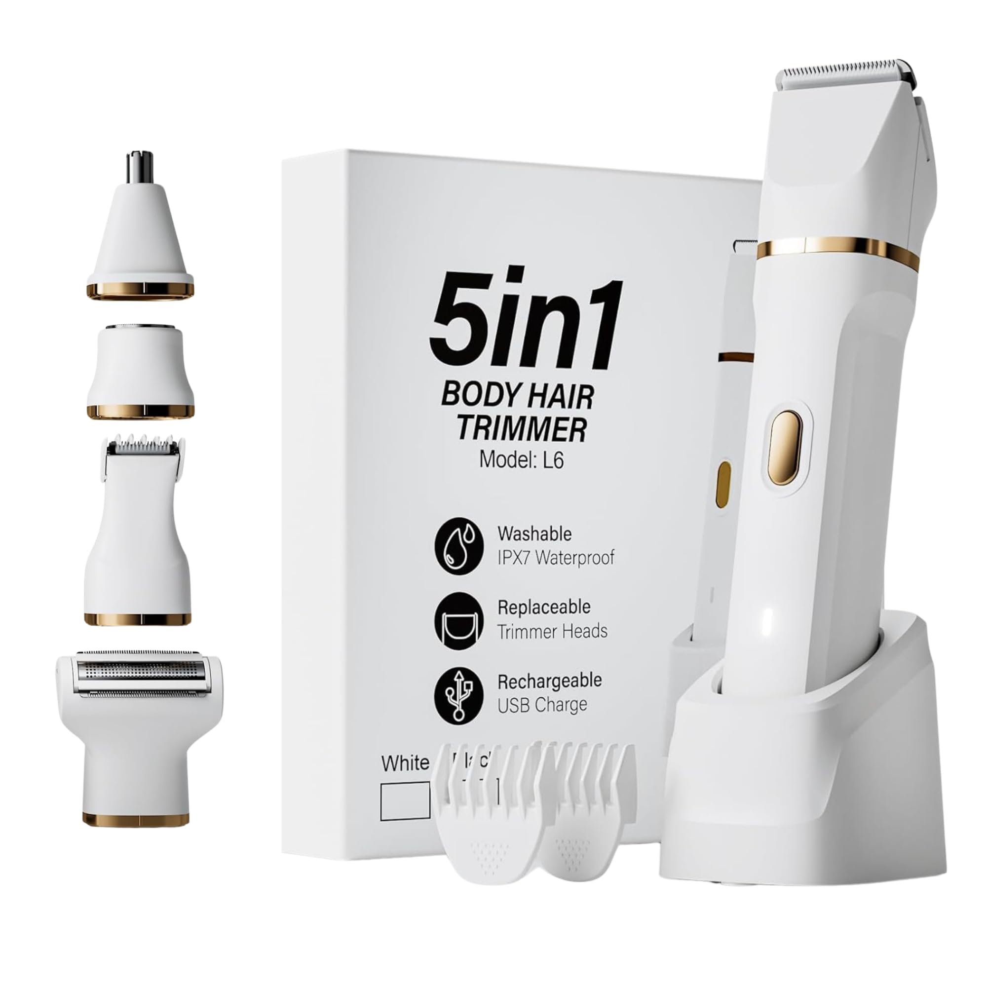 Maquinilla de afeitar eléctrica 5 en 1 con cable USB, excelente eliminación de vello facial, afeitadora corporal húmeda/seca para nariz, cejas, barba, pierna y brazo, IPX7