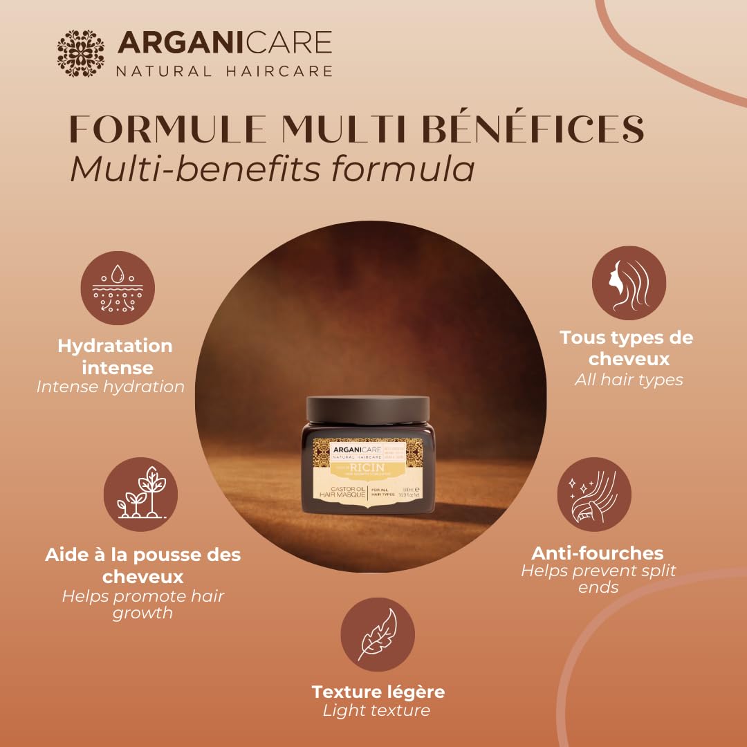ARGANICARE Masque Cheveux Huile de Ricin Bio & Argan 500 ml – Soin Hydratant Réparateur pour Cheveux Secs et Abîmés, Anti-Casse, Aide à la Pousse, Brillance & Douceur