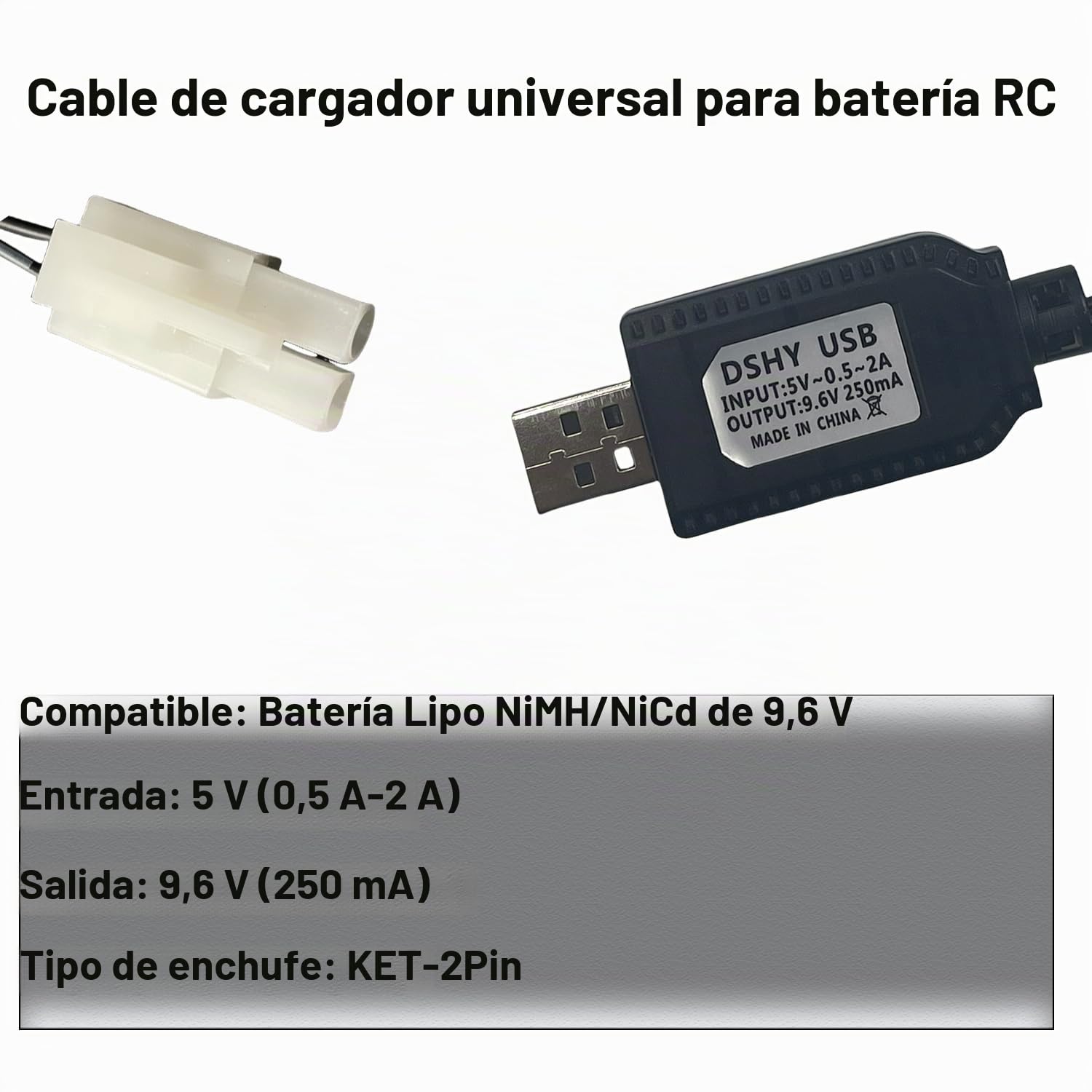 Cable Cargador USB Para Batería 9.6V Con Conector KET-2 PIN – Compatible Con Coches Y Barcos RC, Protección Contra Sobrecargas Y Cortocircuitos