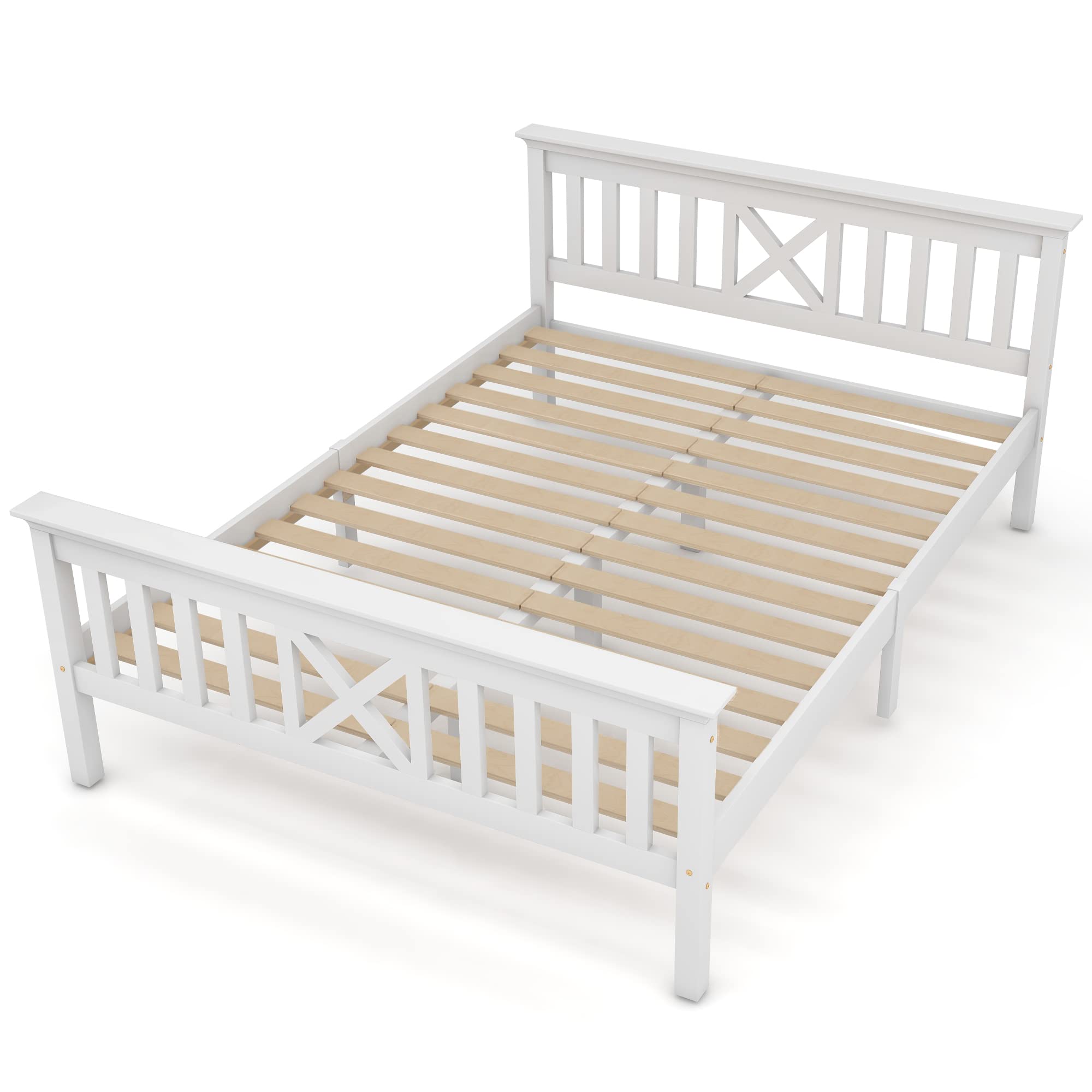 Shye Letto matrimoniale in legno massello con rete a doghe, letto in legno con testiera – Lettino per bambini in pino massiccio bianco (140 x 200 cm)