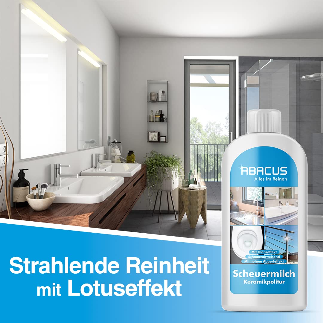 ABACUS® Profi Scheuermilch Set mit Lotus- & Glanzeffekt, für Küche & Bad inkl. Badreiniger Power Konzentrat, Reinigungsmilch, Sanitärpolitur, Keramikpolitur, Edelstahlpolitur – Scheuermilch Set Power