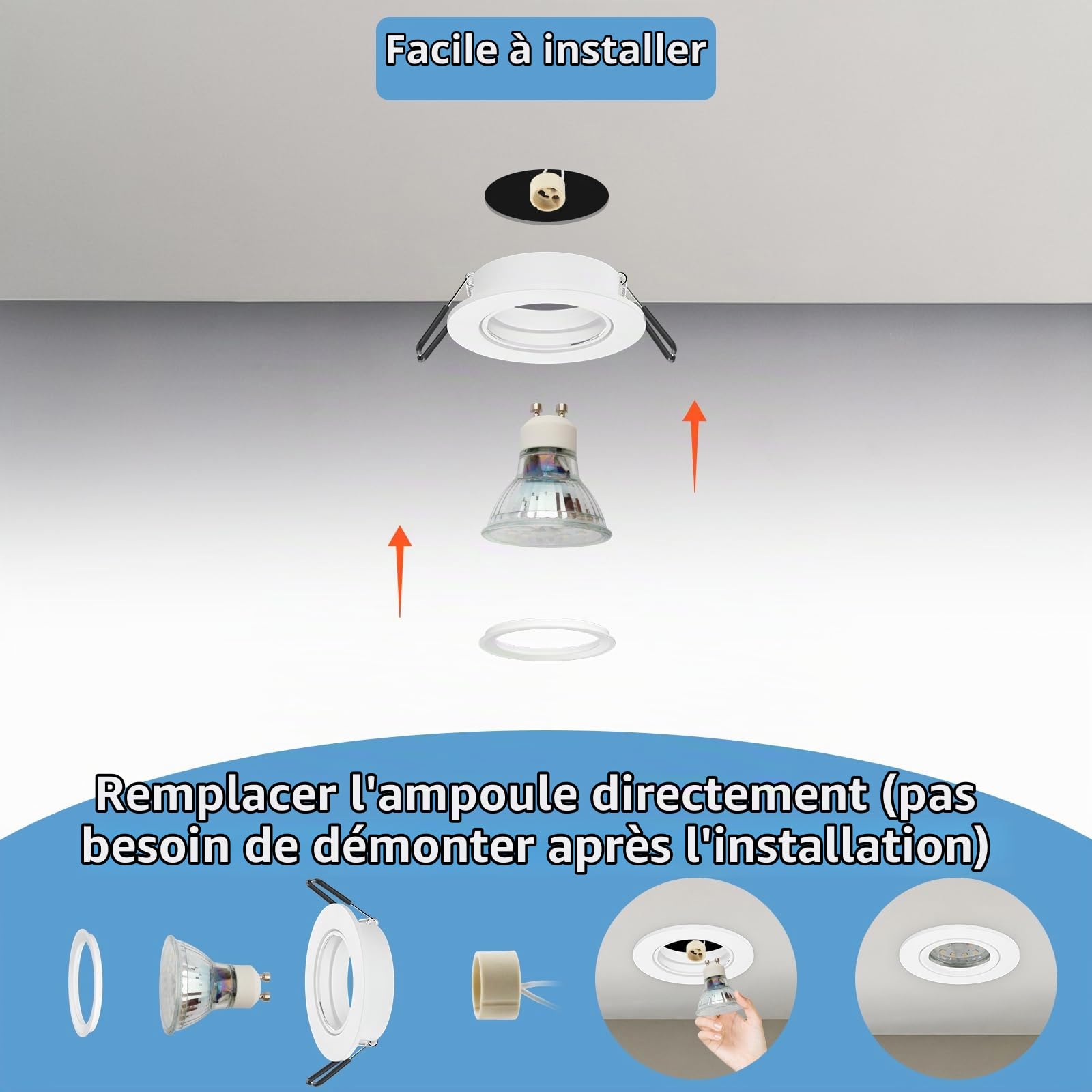 12x Spot Encastrable GU10 Aluminium, Orientables Blanc Support Spot Encastrable Cadre De Montage Avec Douille GU10, Rond Spot de Plafond 68mm extra plat Pour LED, Trou de montage ø60-75mm