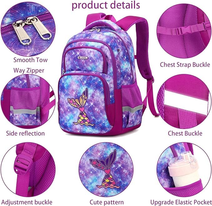 Image of Cusangel Purple Mermaid 3pcs Set with Lunch Box Pencil Case,Multi Compartment Backpack, Dinosaur Backpack Chest Strap Side Pockets 16 Inch
