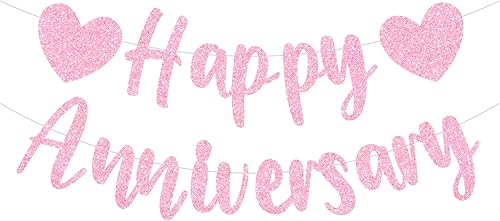 Decoraciones de feliz aniversario  Cartel de feliz aniversario pre-encordado  Cartel de fiesta de aniversario de boda con purpurina rosa en