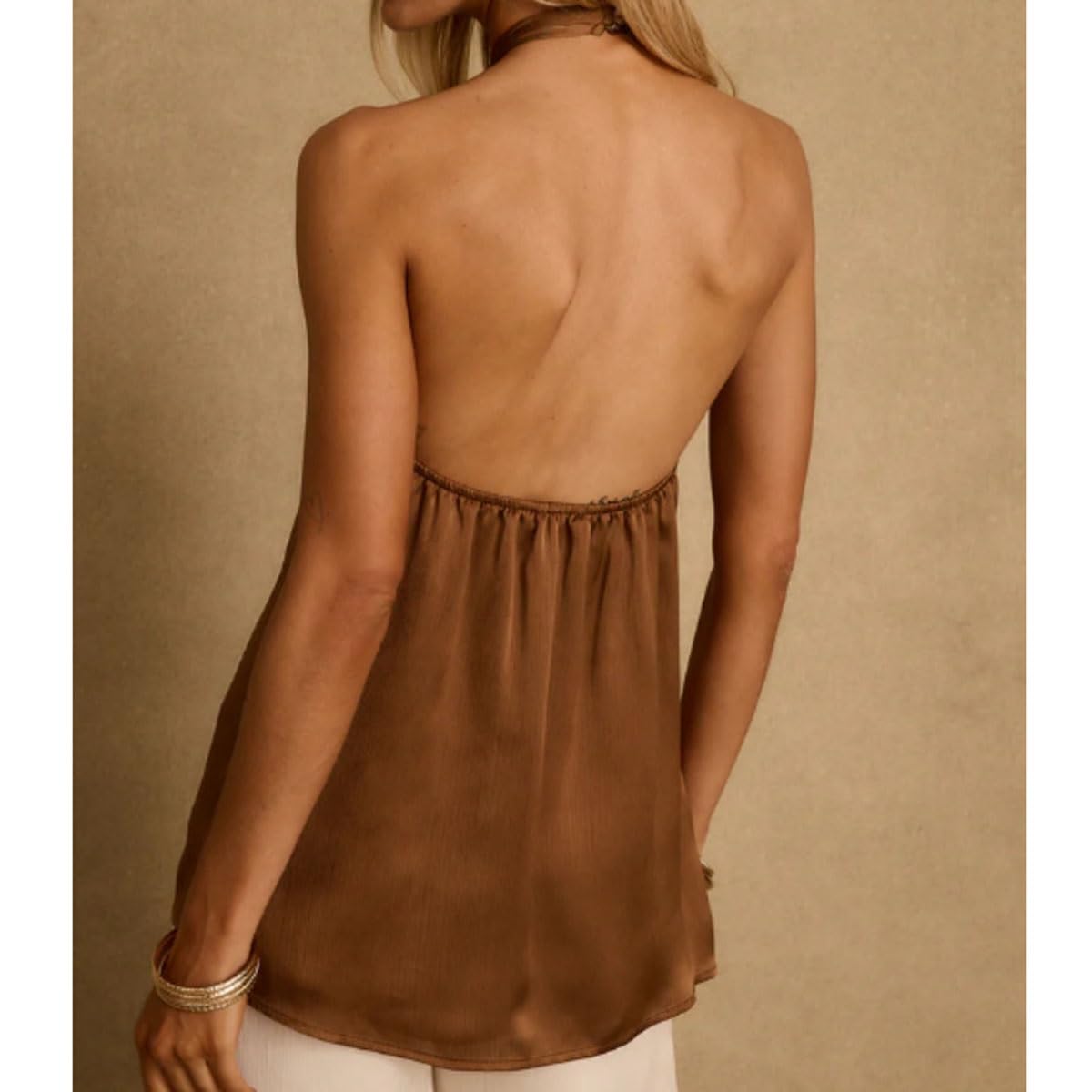 Top de Seda sin Espalda for Mujer, Camiseta sin Mangas Plisada con Abertura sin Espalda, Camiseta sin Mangas Recortada, Ropa Informal de Fiesta de Estilo Bohemio