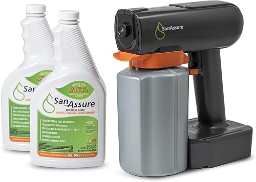 SAN-ASSURE Pulverizador electrostático de mano con solución desinfectante, solución desinfectante registrada por la EPA, mata bacterias y virus
