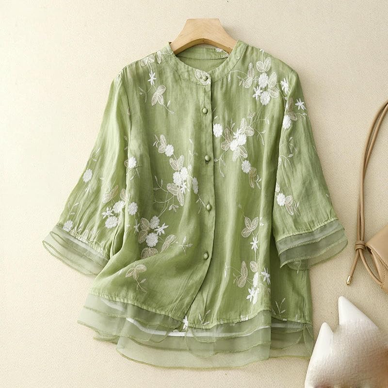 Women's Retro Blouse Embroidered Shirt Patchwork Organza Top