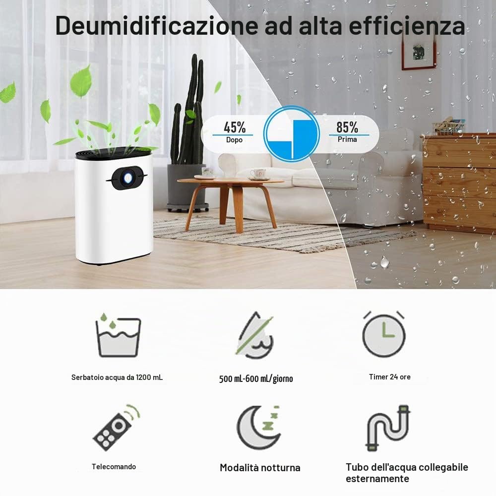 Deumidificatore portatile, piccolo, elettrico, assorbe l'acqua, con telecomando, timer e tubo di scarico, ultra silenzioso per camera da letto, bagno, cantina