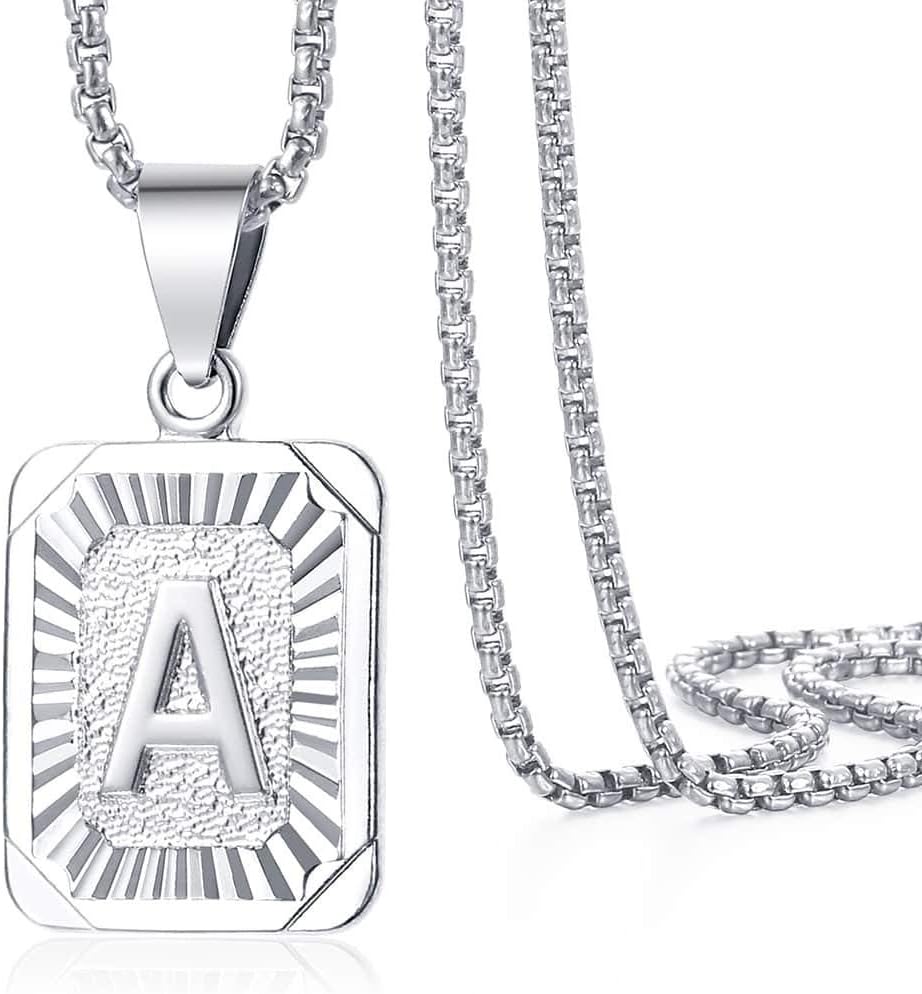 Initial Letter Pendant Necklace Mens Womens Capital Letter White Gold Plated A Z Stainless Steel Box Chain 22inch