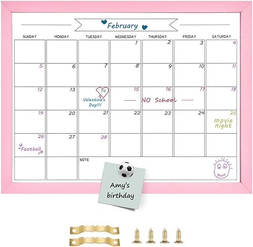 TORASO Tablero de calendario mensual de borrado en seco, pizarra blanca magnética para pared, oficina, escuela, hogar, marco rosa de madera maciza