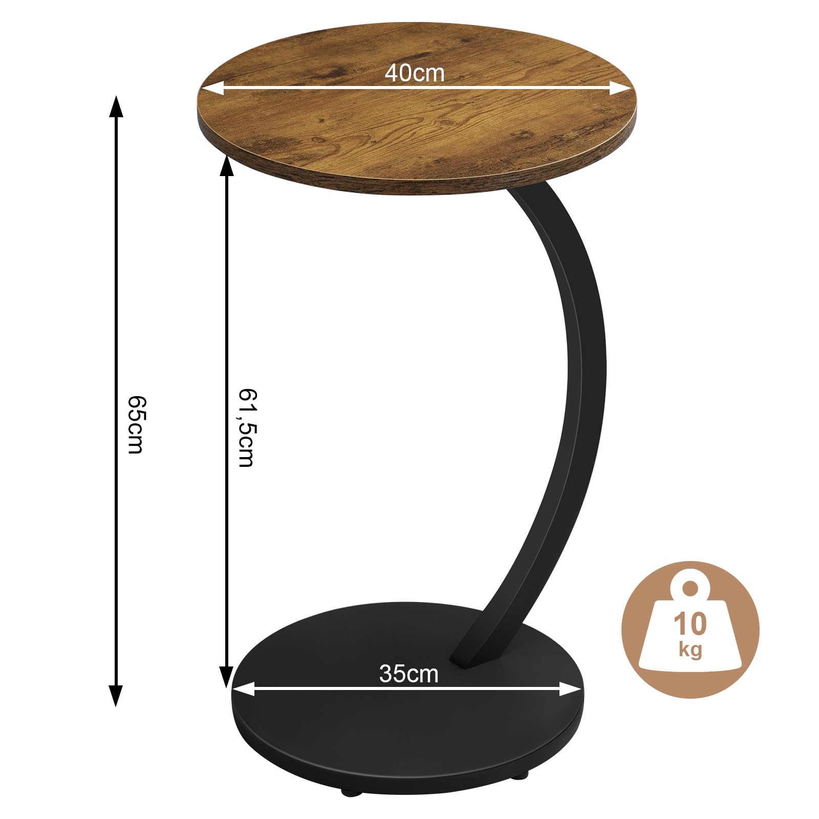 Tavolino Da Salotto A Forma Di C - Design Pratico Per Divano E Letto - Effetto Legno Vintage - Ø40x65cm - Foto 14