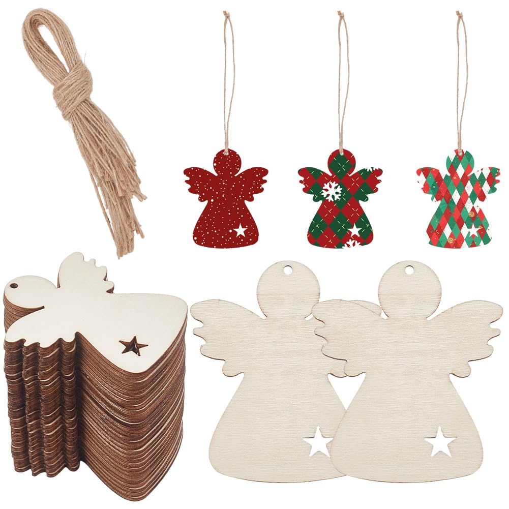 SUNNYCLUE 30Pcs Unfinished Wooden Angel Cutouts Wood Christmas Ornaments to Paint Unfinished BurlyWood Xmas Pendants with Jute Cord Angels Ornament for Painting Holiday Party DIY Crafts Decoration