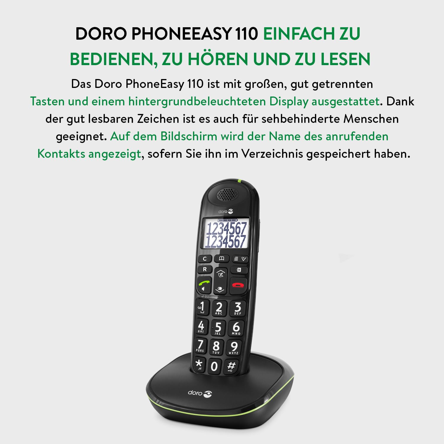 Doro PhoneEasy 110 DECT Senior Schnurlostelefon, große Schrift und große Zahlen, optische Anrufsignalisierung, Freisprechfunktin, lauter Rufton, Kurwahltasten, Hörgerätekompatibel schwarz