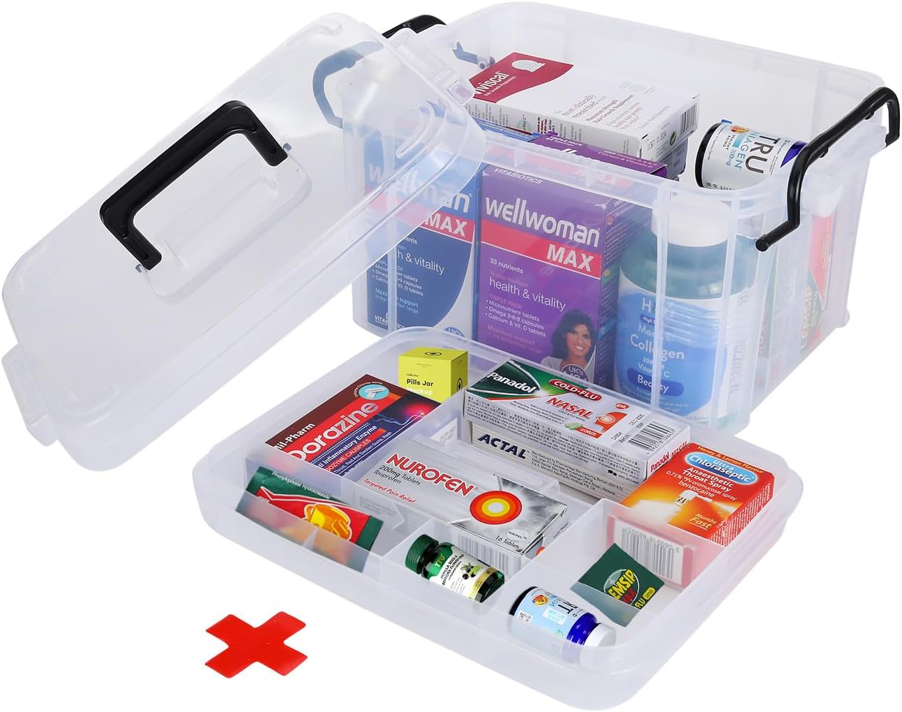 HEY FOLY 15qt Clear Medicine Organizer Storage Box with Tray, Plastic First Aid Box Empty, Thickened Medicine Container Chest, Multipurpose Medical Case with Labels, Medicine Caddy with Lids Handles