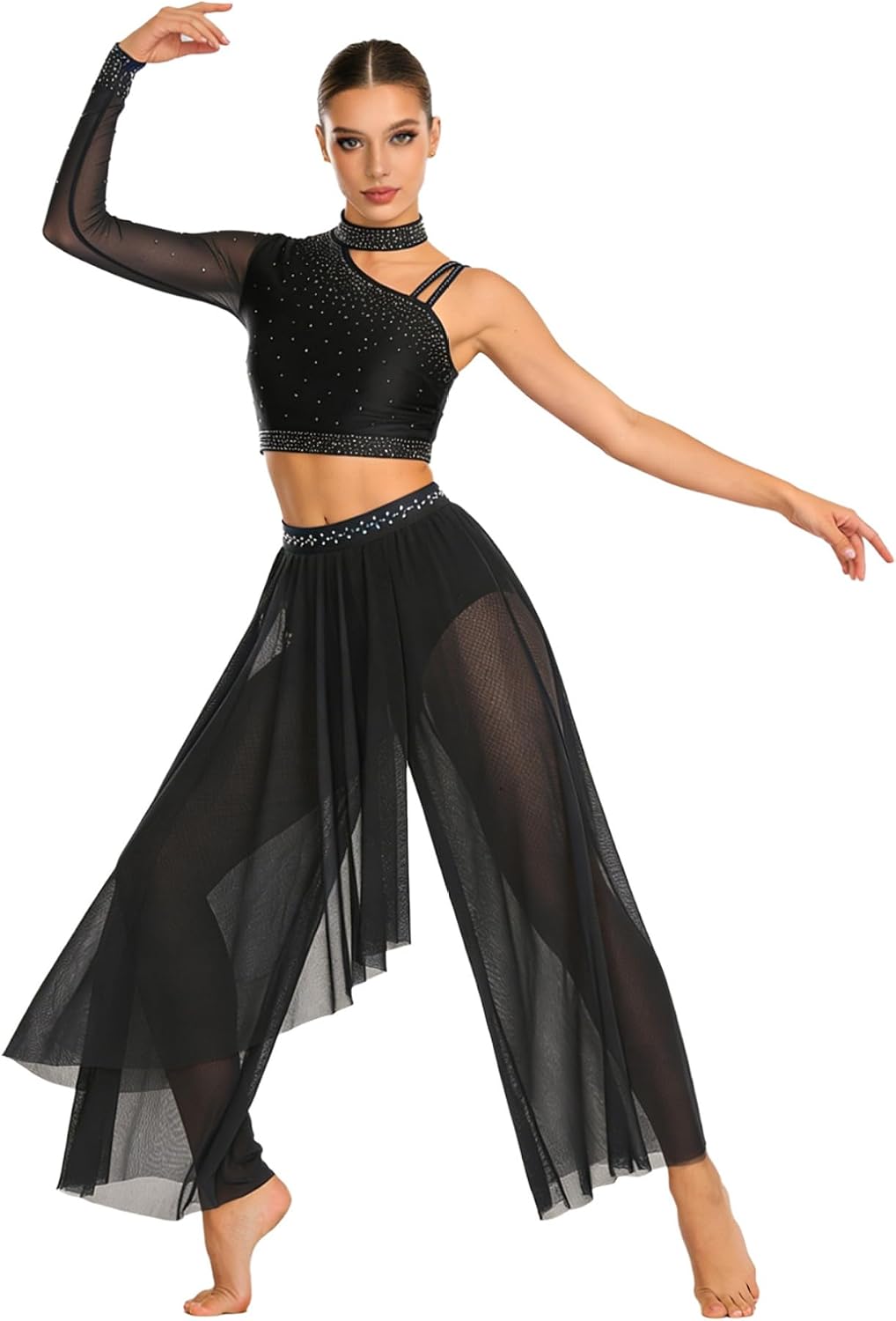 Oyolan Women Modern Lyrical Dance Costume Rhinestone Crop Tops with Pants Skating Gymnastics Ballet Outfit Black XX-Large
