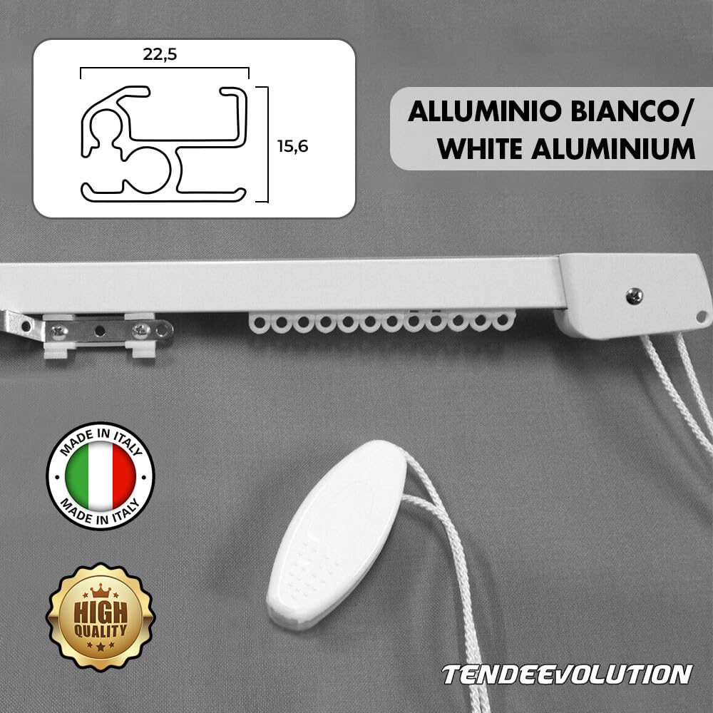 TENDEEVOLUTION Binario Tenda Soffitto Lineare in Alluminio Bianco Personalizzabile, Con Accessori per il Fissaggio, Movimento a Corda, Bastone Tende a Soffitto o Parete (140CM, AMMASSO A SX)