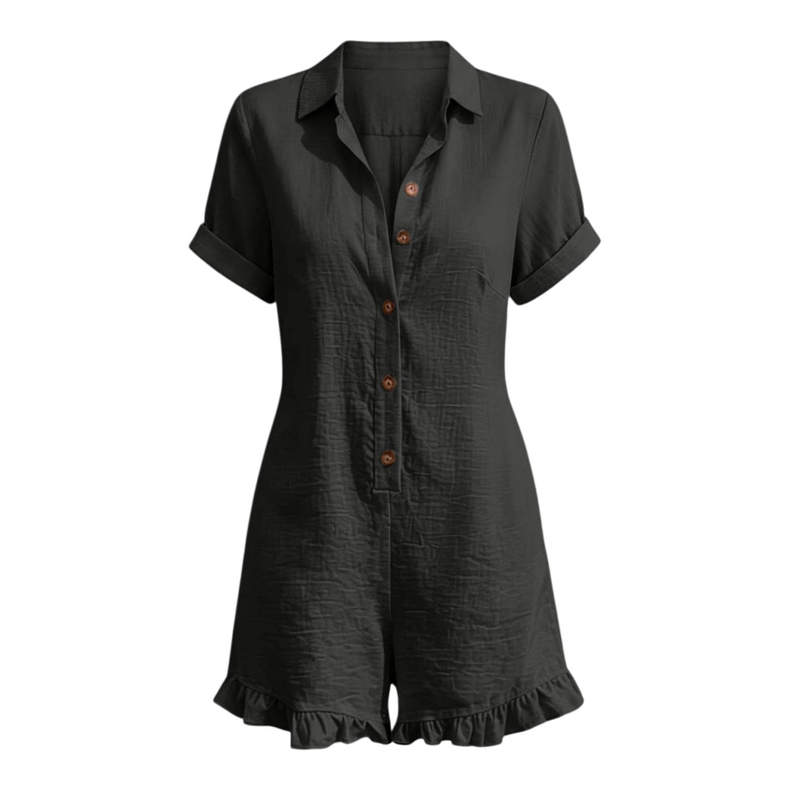 Tuta estiva da donna a maniche corte, scollo a V, con tasche | Elegante tuta intera in stile bohémien, casual, con bottoni, leggera e ariosa, per il tempo libero e le vacanze