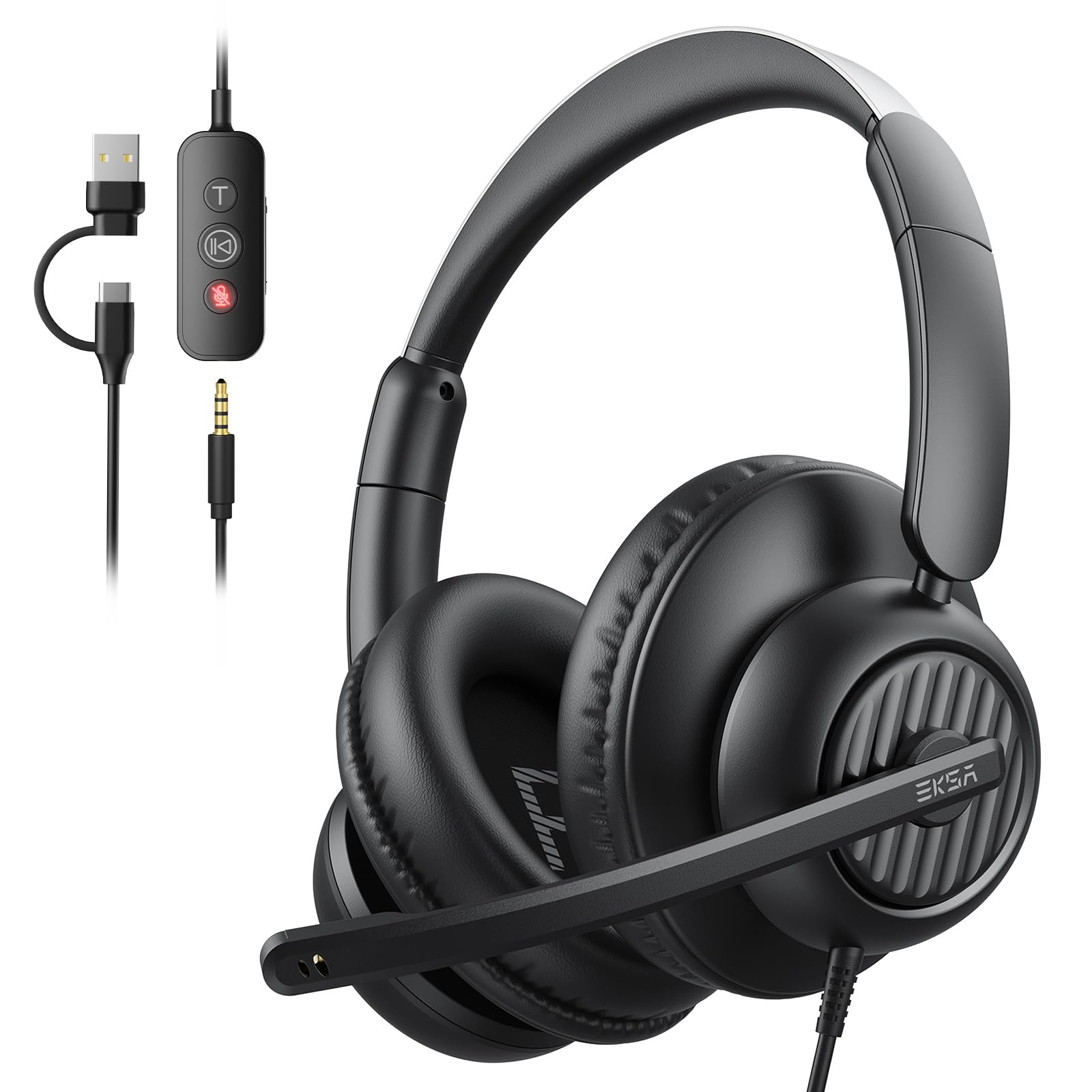 EKSA H8 PC Headset mit Mikrofon, Stereo USB Headset mit Kabel, Headset mit Geräuschunterdrückung, USB-C/USB-A und 3,5mm Klinkensteckereadset, Over-Ear Headset für Laptop/Büro/Callcenter/Teams