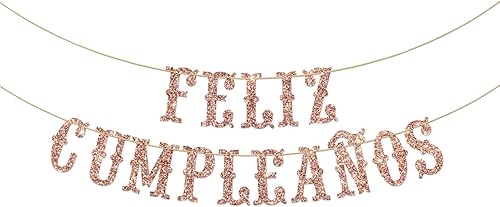 Halawawa Cartel de Feliz Cumpleaños con purpurina de oro rosa Cartel español de feliz cumpleaños, decoraciones de fiesta mexicana temática de