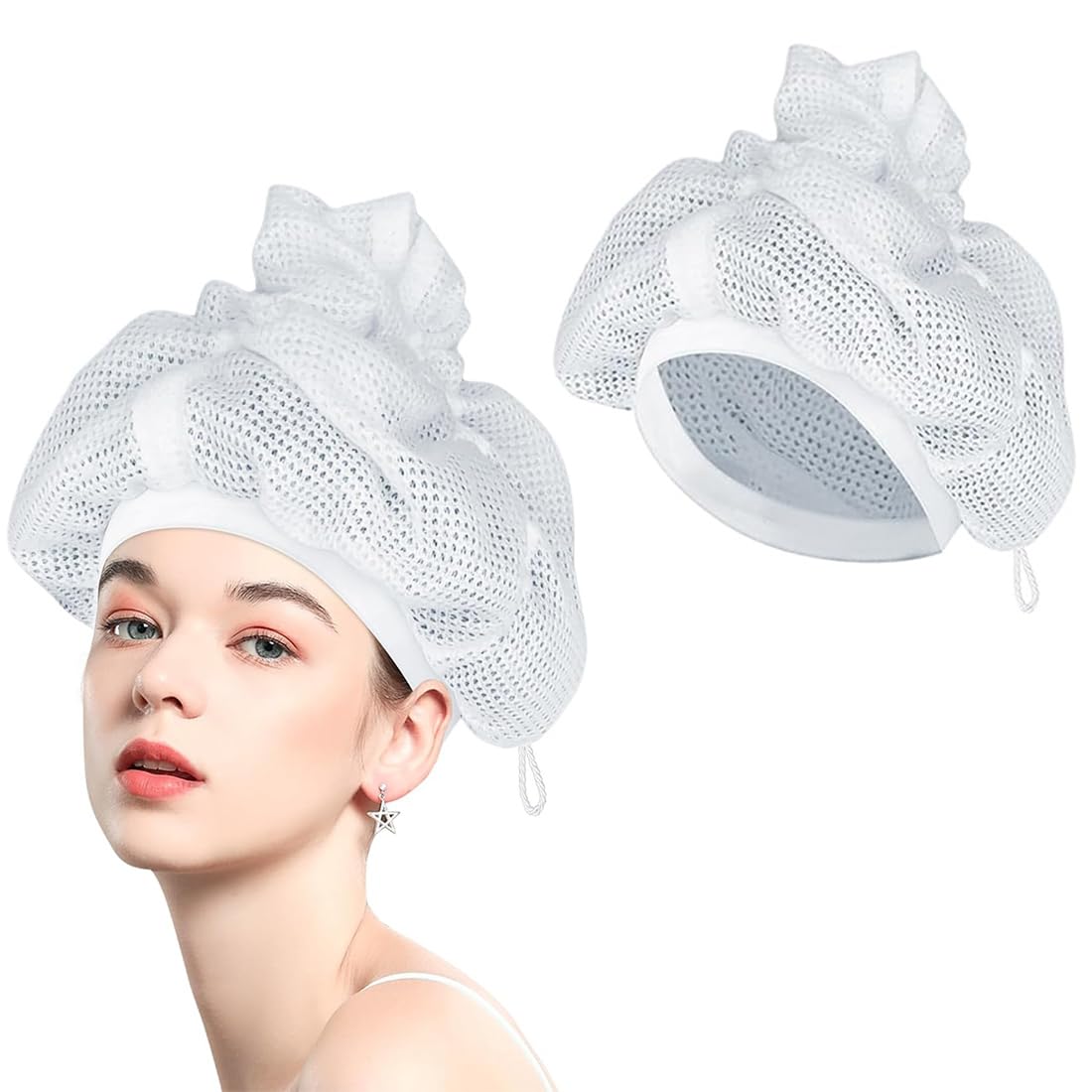KSJEHW Gorra de Malla para Secar el Cabello Rizado, Gorro De Ducha para Mujeres Y NiñAs, Gorra de Malla Soulta Net Plopping para Secar el Cabello Rizado con Cordón, Gorra de Pelado（Blanco）