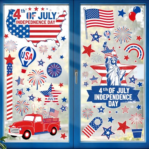 9 Sheets 4th of July Window Clings 4th of July Decorations Fourth of July Window Clings Memorial Day Decorations Stickers Red White Blue Decor for Home School Office Holiday Patriotic Independence