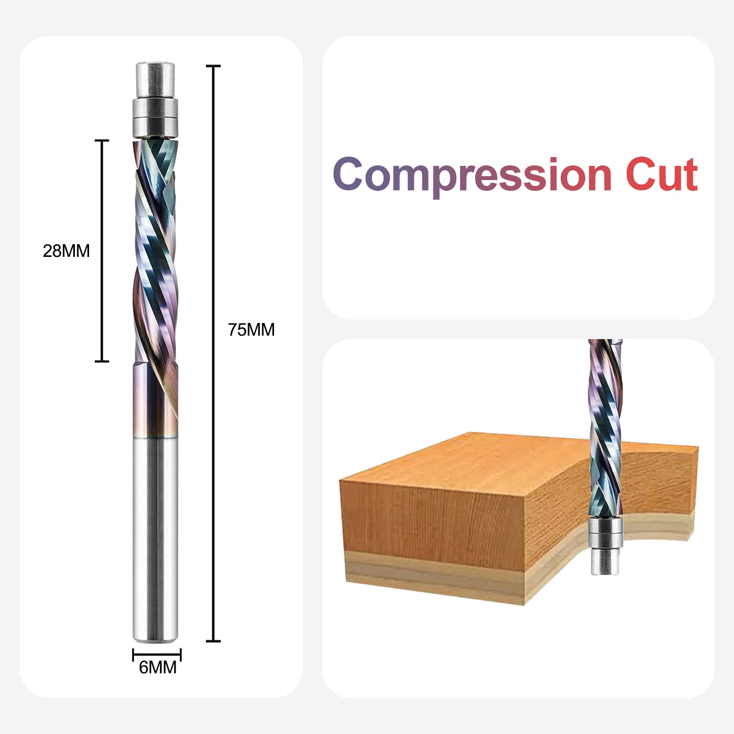 SpeTool Up&Down Fresa a Copiare 6 mm di Diametro dell'Attacco Compressione Spirale per Rifilare 28 mm di Lunghezza di Taglio Scanalata a SPE-X Rivestimento Fresa per Legno con Doppio Cuscinetto