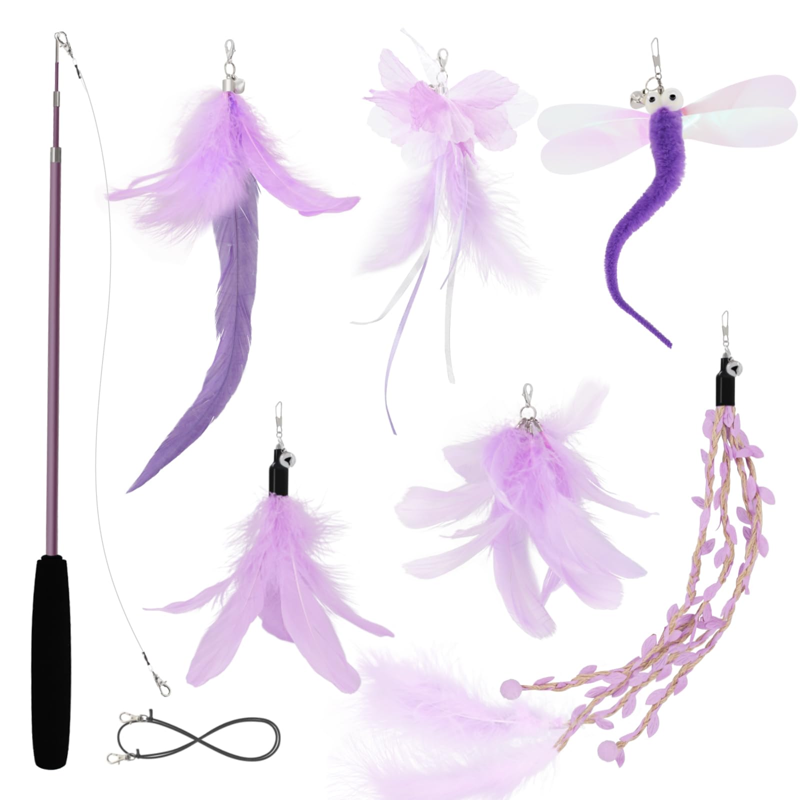 SONGWAY Cat Feather Wand Stick Toy - 7 Pcs Cat Feather Toys, 1 Retractable Teaser Wand with 6 Tassel Dragonfly Cat Toy Refills, Interactive Cat Toys for Indoor Cats Kittens, Purple — image 1