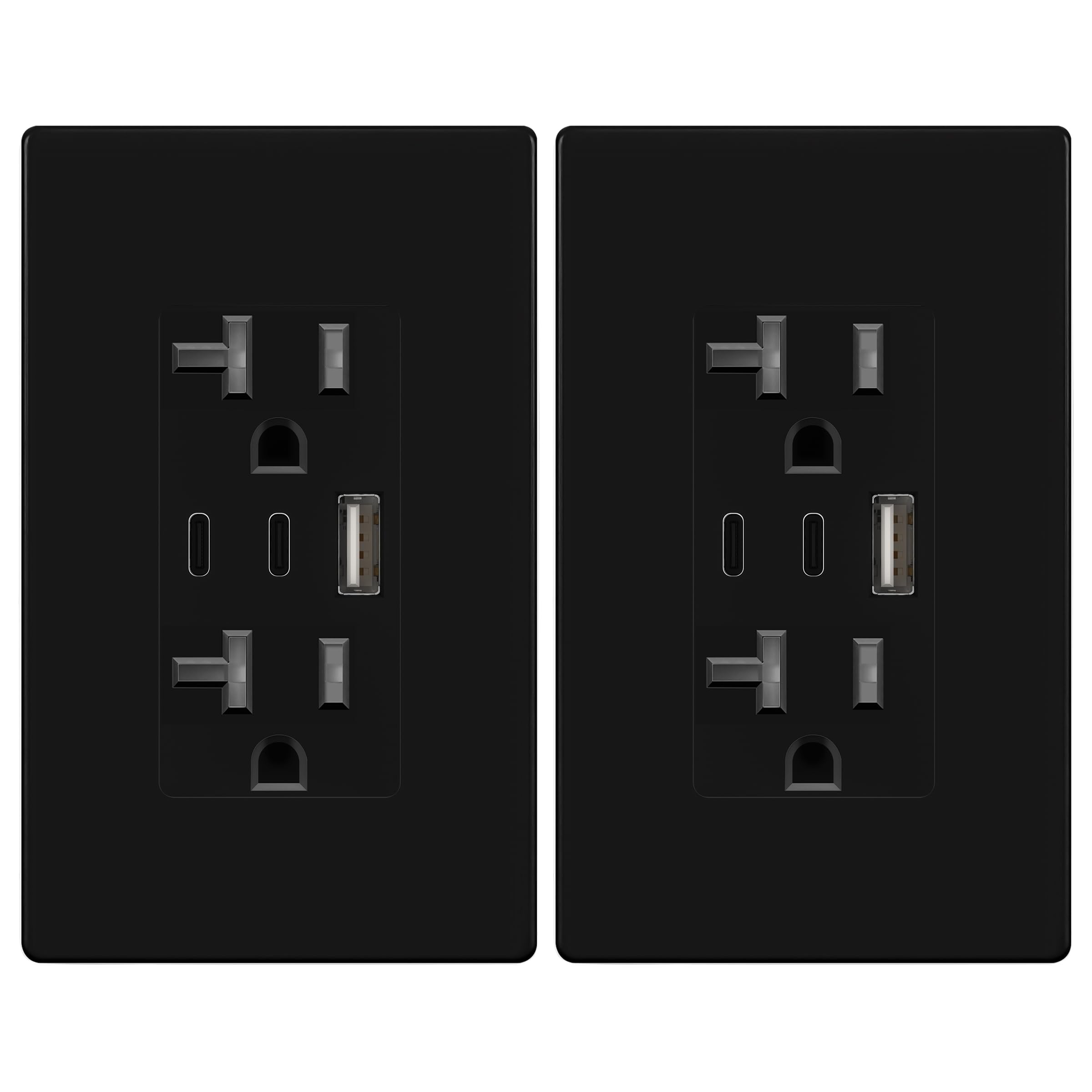 TOPGREENER 4.2A 3-Port Type C USB Outlet, 20 Amp Receptacle Plug, Charging Power Outlet with Dual Type C&A Ports, Screwless Wall Plate Included, UL Listed, Commercial Grade, Black, 2 Pack 20 Amp Black 2