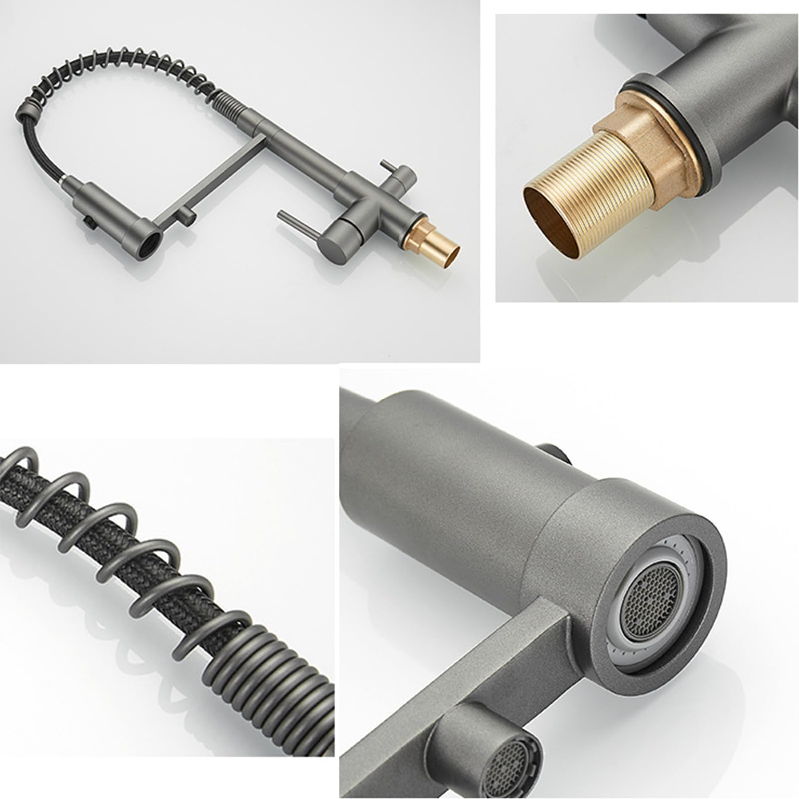 3-in-1-Küchenarmatur mit Zweihebelmischer, Grauer Ausziehfilter. Vielseitige 3-Wege-Küchenarmatur für einfache Wasserregulierung und effiziente Filtration.