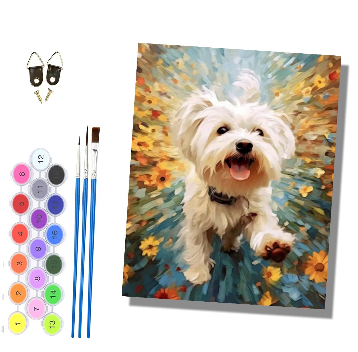 HONGPZH Paint by Numbers for Adults and Beginner Painting by Number Kits On Canvas Without Frame DIY Color Oil Painting Acrylic Paints Home Wall Decor 40x50cm/16x20in Puppy Running Colorful