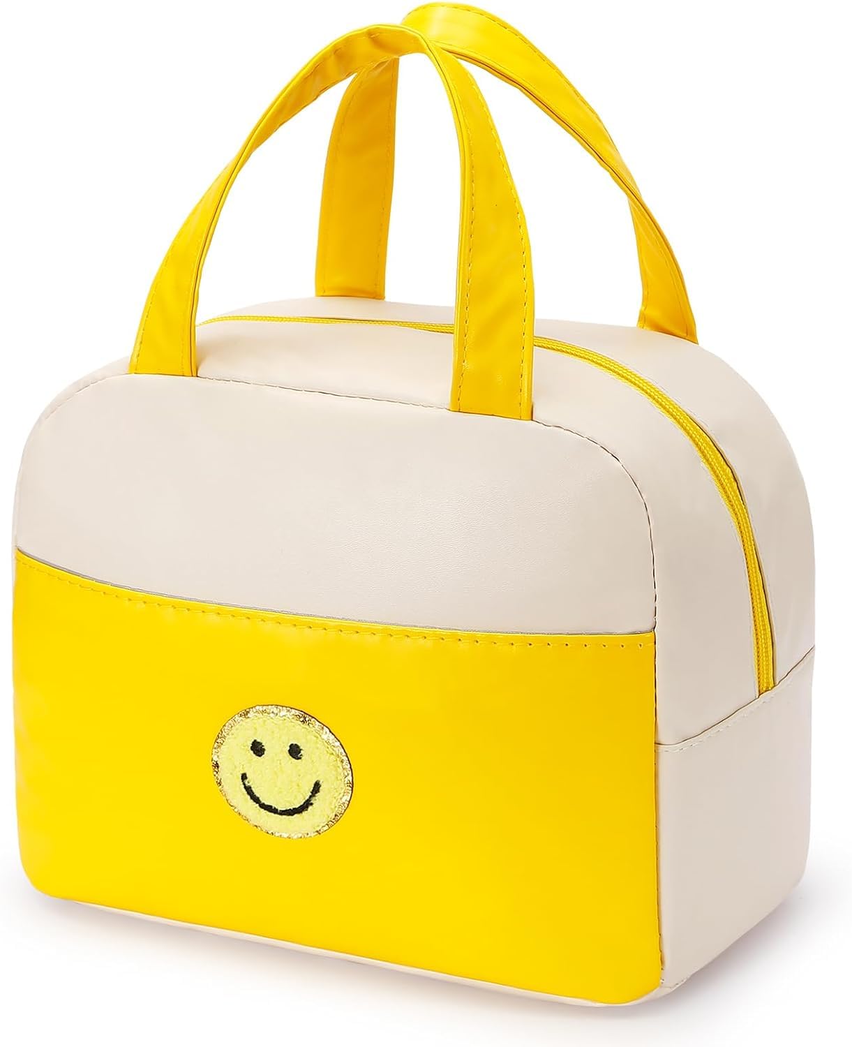 IDAHSOR Insulated Lunch Bag for Women & Men - PU Leather Small Lunch Bag with Chenille Embroidery, Leakproof & Freezable Cooler Bag for Office Work and More - Smile Yellow