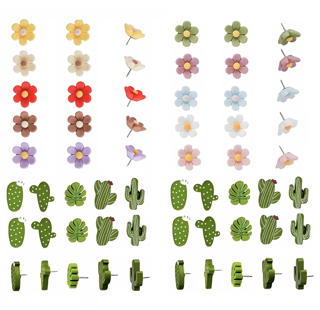 SITAKEGS 60pcs Push Pins Flower and Wood Cactus Plant Drawing Thumb Tacks