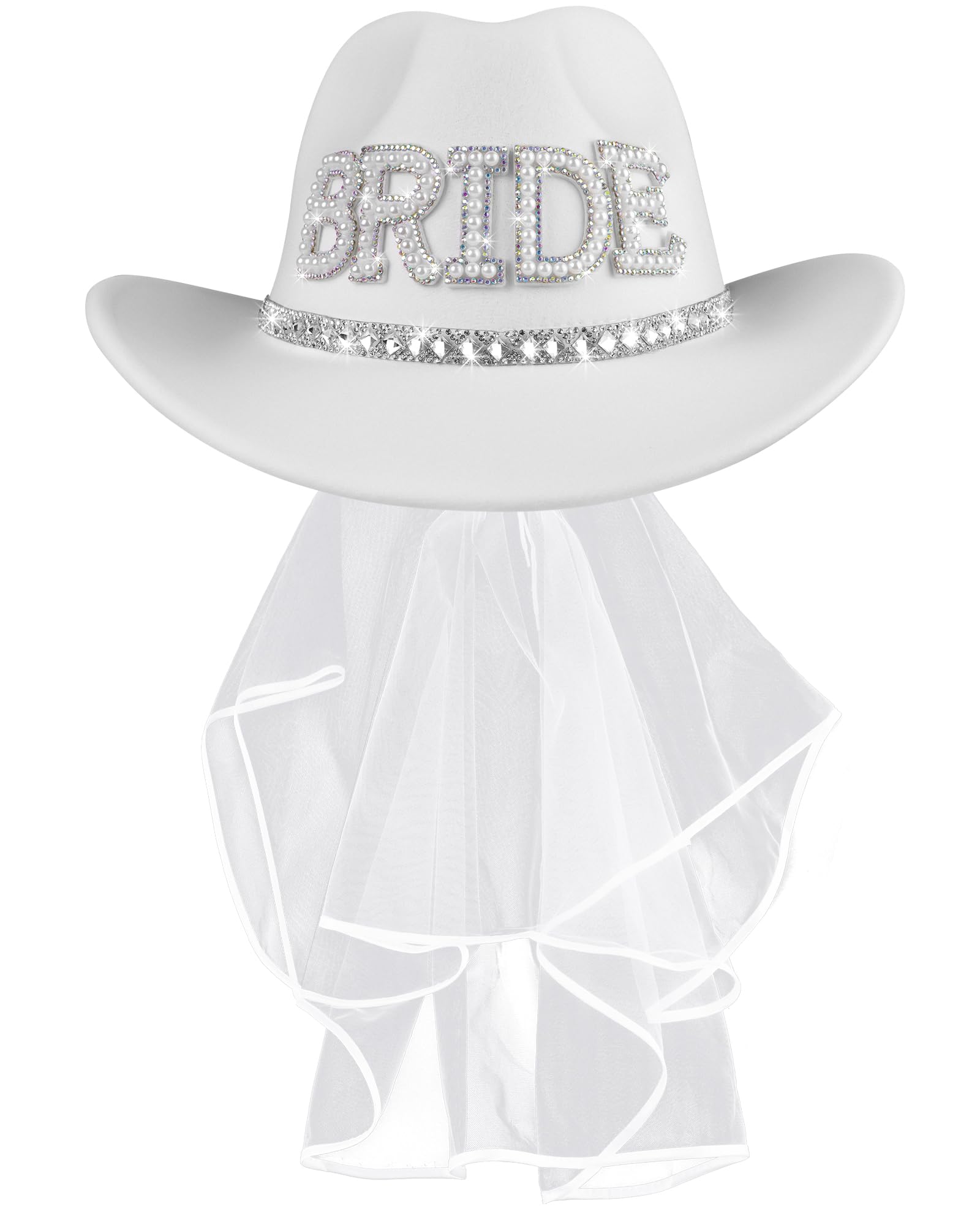 MGupzao Cappello da cowboy e velo, decorazione per feste di addio al nubilato, cappello da cowgirl bianco, bomboniere, regalo per futura sposa, stile country western, bianco, M