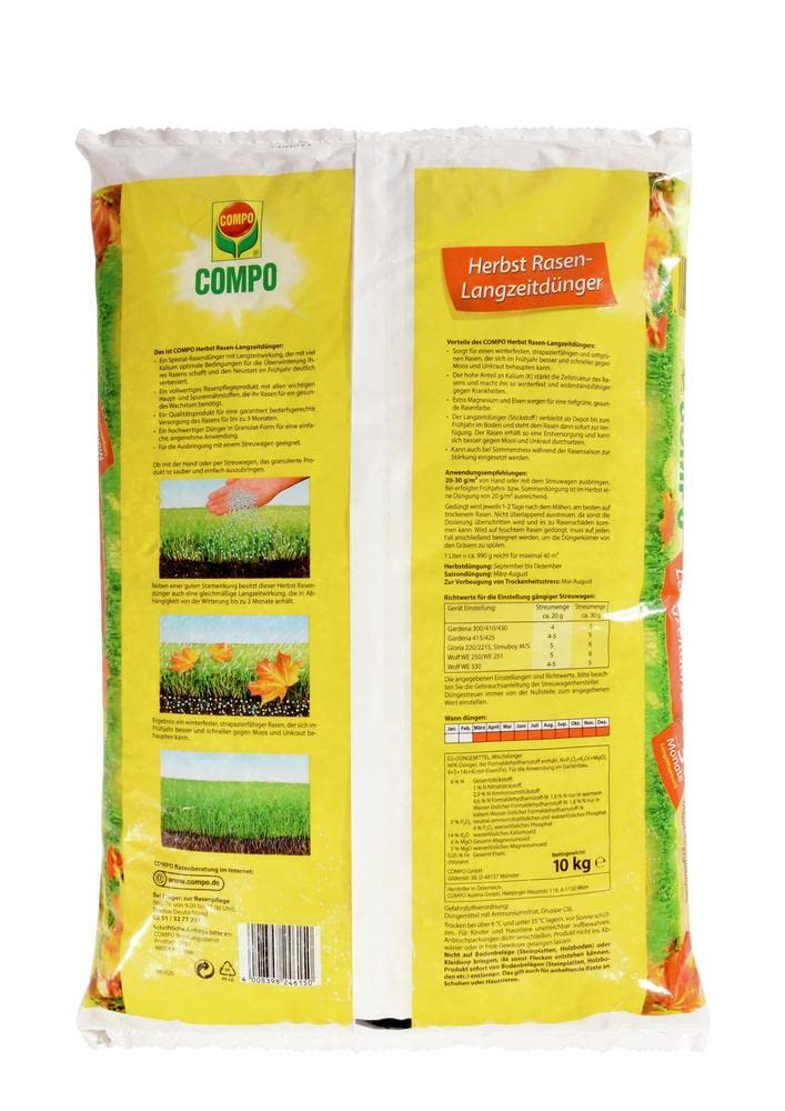 COMPO Rasen-Set, Herbst-Rasen Langzeit-Dünger, Rasendünger, 3 Monate Langzeitwirkung, 10 kg, 500 m² und Turbo Nachsaat, Rasensamen, Mit Keimsicherheit, 2,6 kg, 130 m²