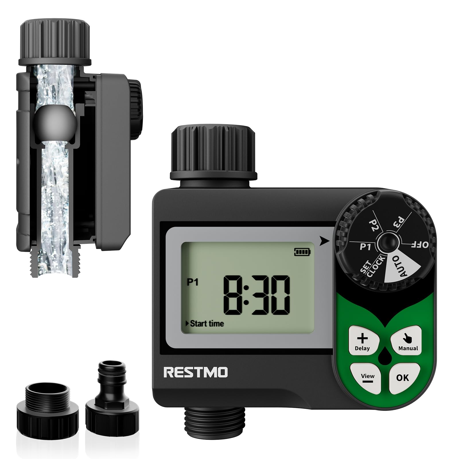 RESTMO Computer di Irrigazione, Timer Irrigazione con valvola a sfera | Programma Settimanale, 3 Piani e Ritardo Della Pioggia (24-72 h), per Cisterne Piovane, Aiuole Rialzate e Prati