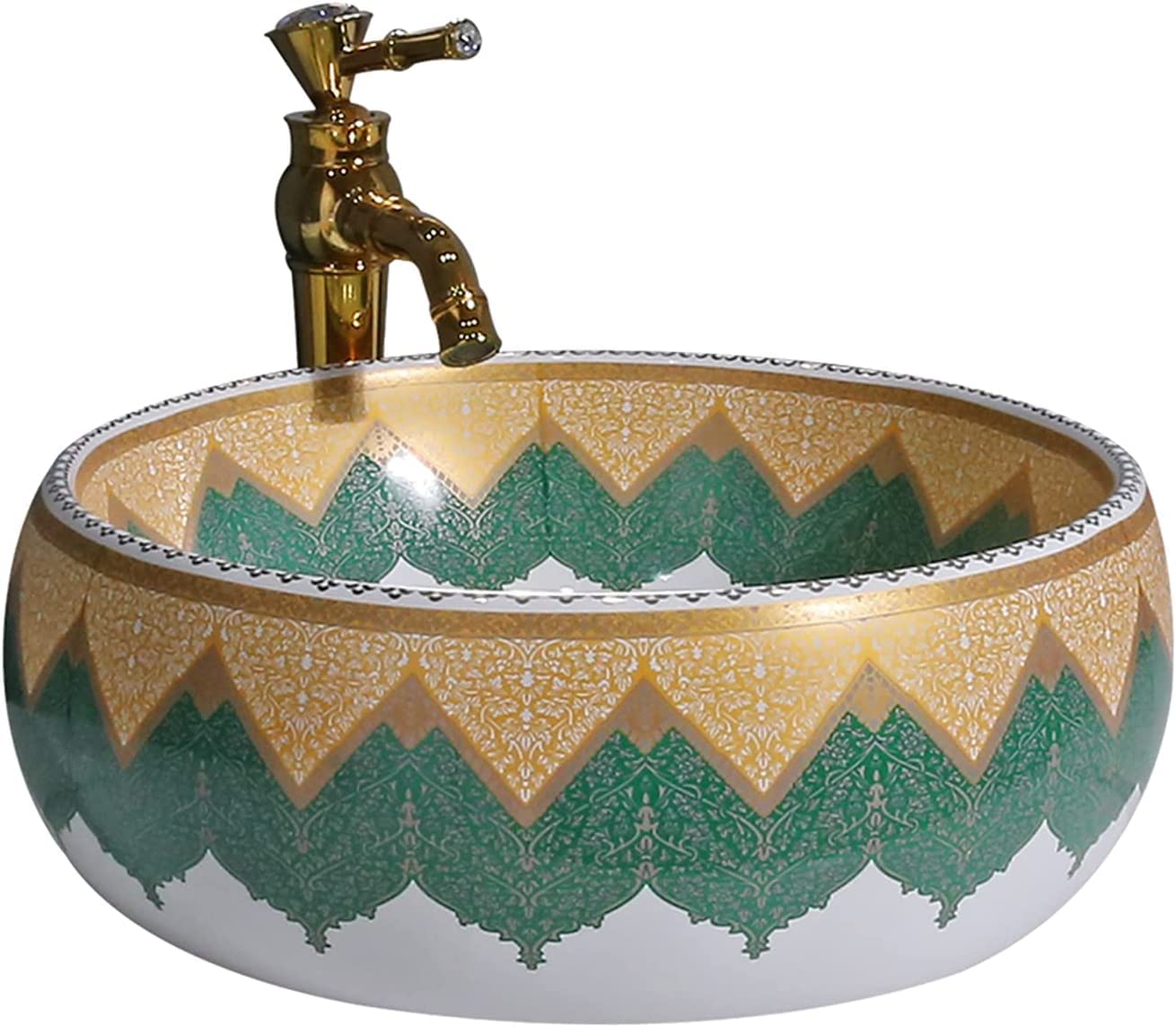Gljtuo Whitegreen Ceramic Bathroom Sink Round Vessel Sink, Countertop Basin Sink Ceramic Vessel Bowl, Washbasin White With Faucet Matching Pop Up Drain Combo For Cloakroom Bathroom,