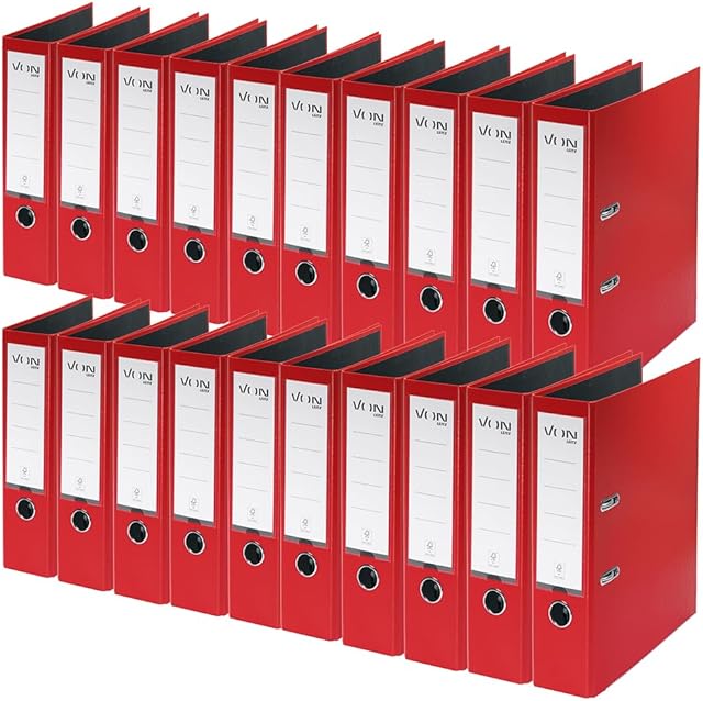 VON Leitz 10550025 segregator A4, 20 sztuk, karton z plastikową okładką, szerokość grzbietu 80 mm, od Leitz Leitz, na 600 arkuszy, niebieski anioł i certyfikat FSC, do szkoły, nauki i domu, czerwony,