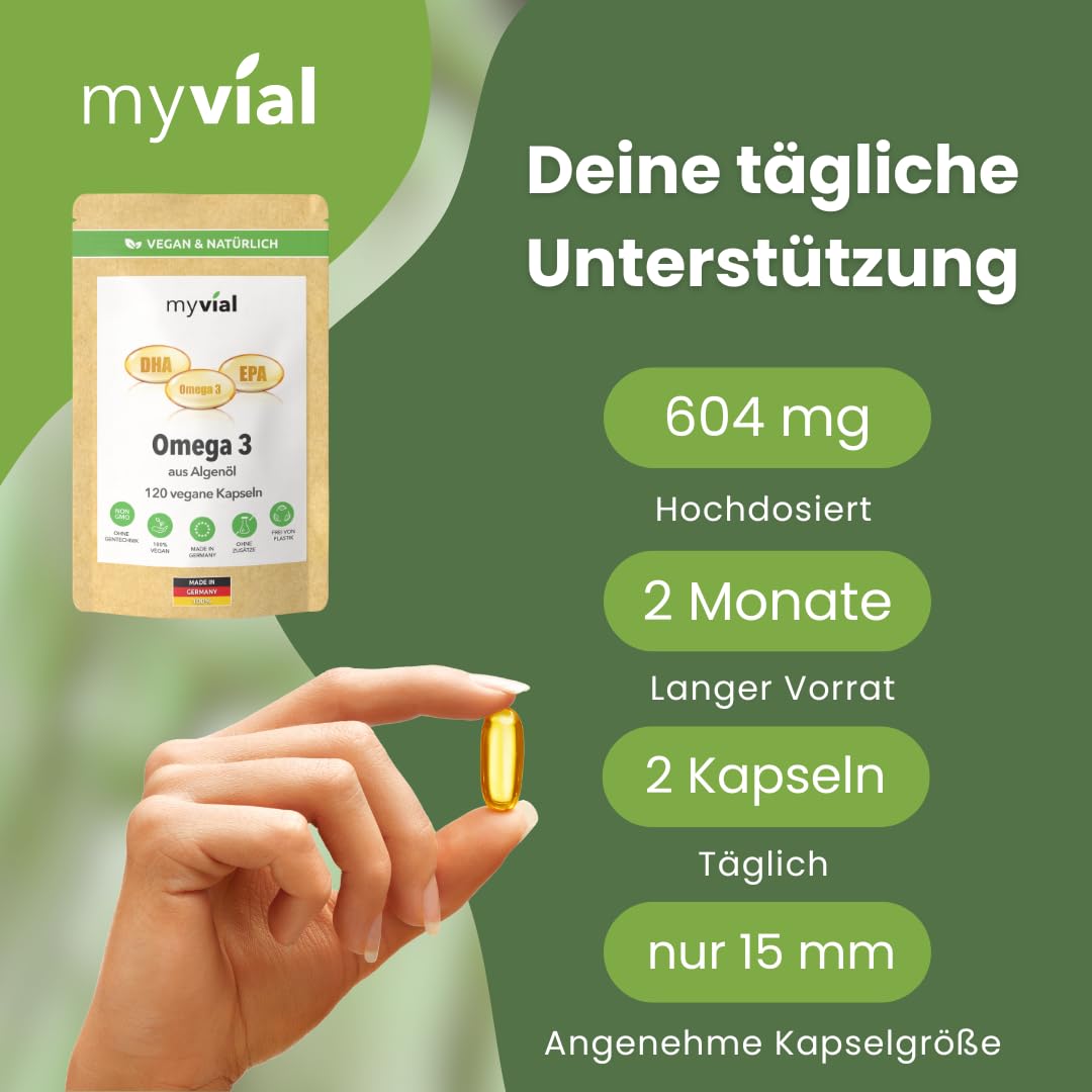 Omega 3 Kapseln vegan 240 Stück – 600 mg EPA & DHA aus Algenöl – hochdosiert – Triglycerid-Form – nachhaltig produziert in Deutschland – ohne Zusatzstoffe – laborgeprüft (Packung mit 2)