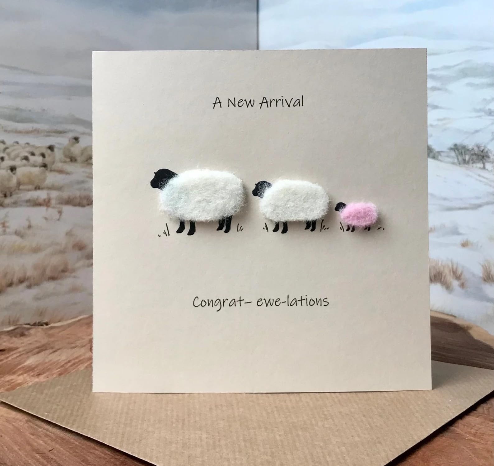 New Baby Girl Card – Handmade Sheep Design, Real Wool, Cute & Funny, Newborn Congratulations, Baby Greeting, New Parents Gift, Blank Inside with Brown Envelope – 140mm x 140mm