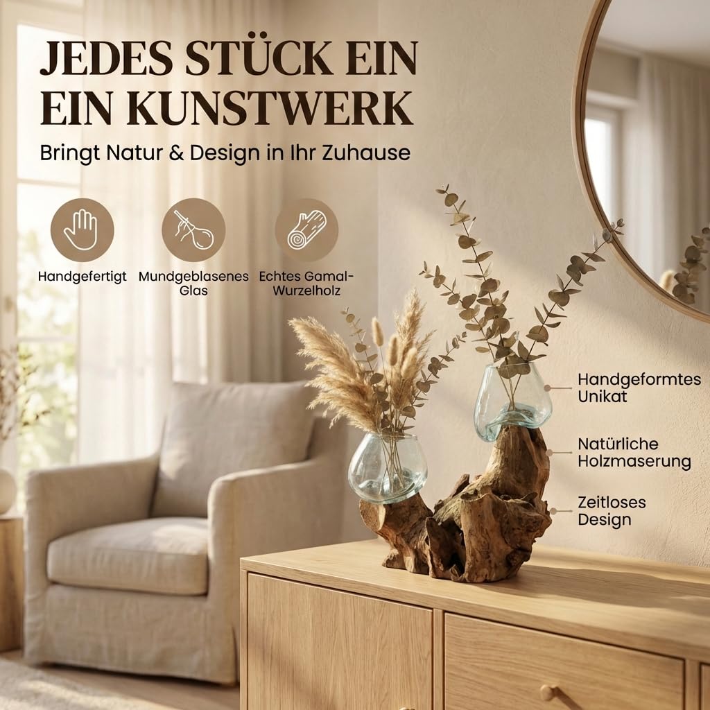 Jarrón de cristal doble (diámetro de cristal de 7 cm) – Jarrón decorativo hecho a mano en madera de raíz con cristal extraíble, decoración de salón, adecuado como florero o tarro de velas