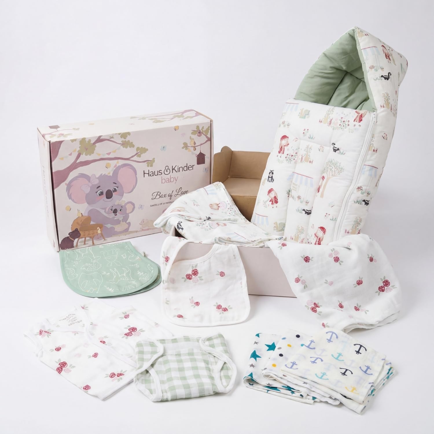 Newborn Baby Shower Gift Set (Pack of 10) | 100% Cotton New Born Baby Essentials Kit with Swaddle, Muslin Blanket, Carrier Nest | Scarlet Edition