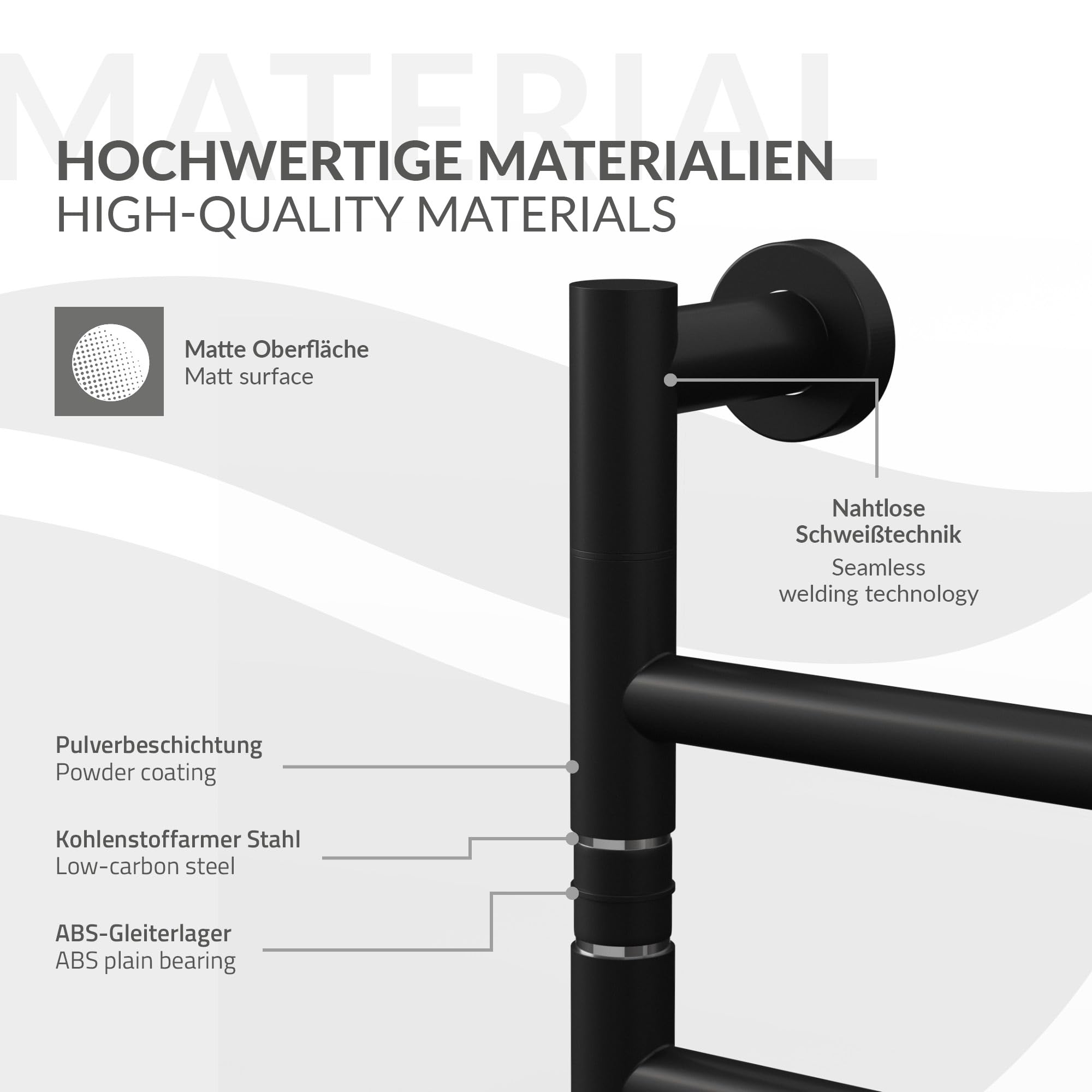 LuxeBath Scaldasalviette Elettrico con 5 Bracci Girevoli a 180°, Nero Opaco in Acciaio, 75W, Timer 0,5-9h e Display Touch Digitale, Radiatore da Bagno IPX4, 450x622 mm, Portasciugamani a Parete