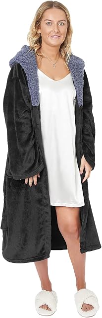 Sienna Super Soft Flannel Fleece Hooded Dressing Gown Womens Sherpa Lined Fluffy Luxurious Comfy Cosy Bathrobe Gifts for Mum (Black, One Size Fits All - Adults Men Women)