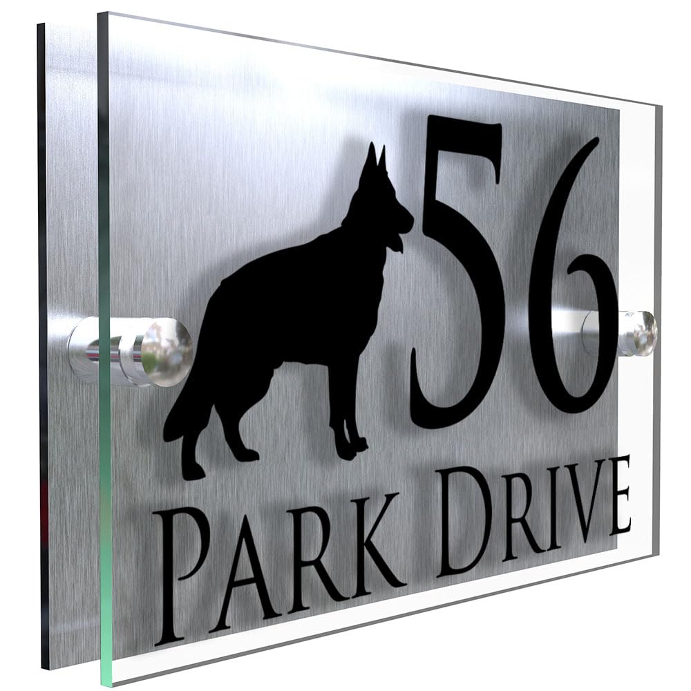 K Smart Sign | 200mm x 130mm | Personalised Dog Prestige Modern property house Dogs wall number address Any-Dog personalised plaque numbers signs fully personalised (German Shepard)