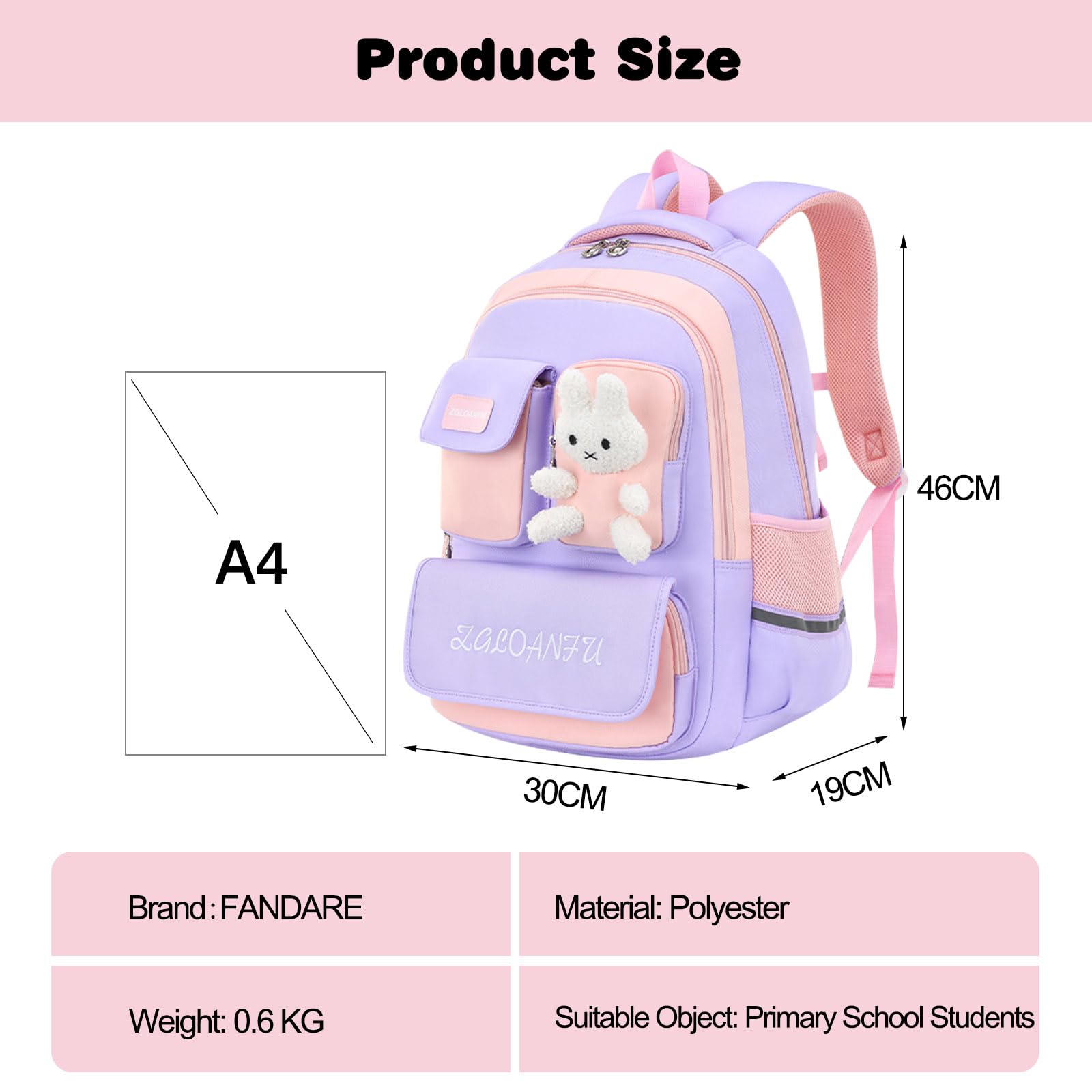 FANDARE Ultraleggero Zaino per bambini Zaini Casual per la scuola Zainetti Cartelle Elementare Zainetto Zaino Scuola con striscia riflettente per Studenti Viaggiare Attività All'aperto Zaini Viola