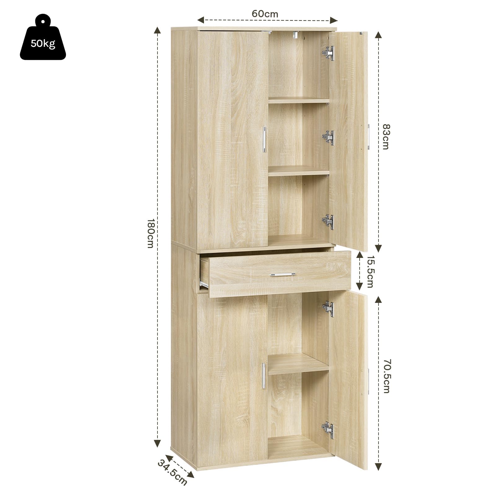 eSituro Armario de Oficina con Puertas, 60x34x180 cm, Roble Claro | Armario de Almacenaje con 1 Cajón y 5 Estantes, Estantes Ajustables