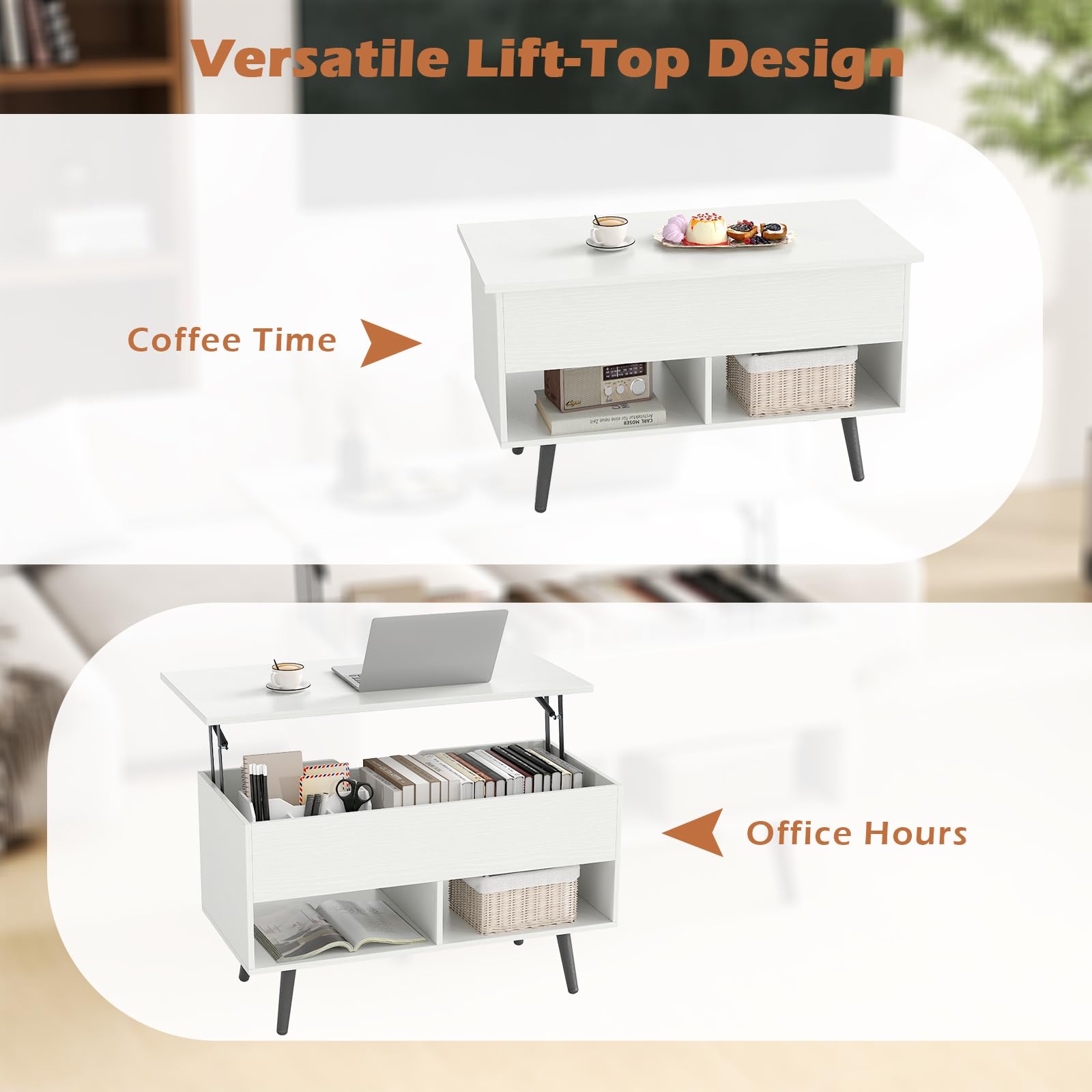 GIANTEX Mesa de Centro Elevable y Extensible, Mesa de Café de Madera con Espacio de Almacenamiento Oculto y 2 Estantes Abiertos, Mesa Auxiliar Rectangular para Salón, Oficina (Blanco)