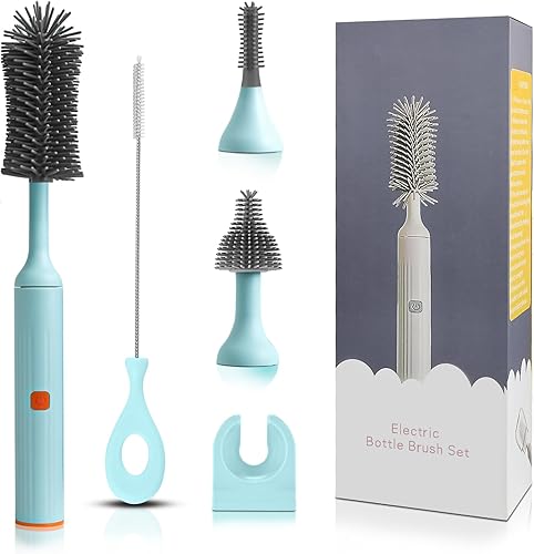 Cepillo de limpieza eléctrico con juego de limpiador de botellas eléctrico y cepillo para pajilla, adecuado para cepillo de cocina y cepillo de