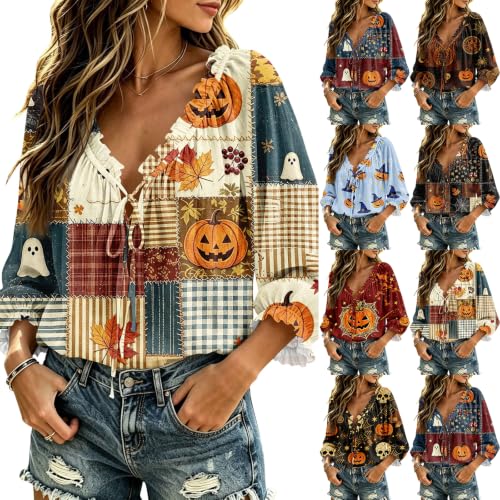 Halloween Tops for Women V Neck Linen Tie Shirts 3/4 Sleeve Pullover - image 1
